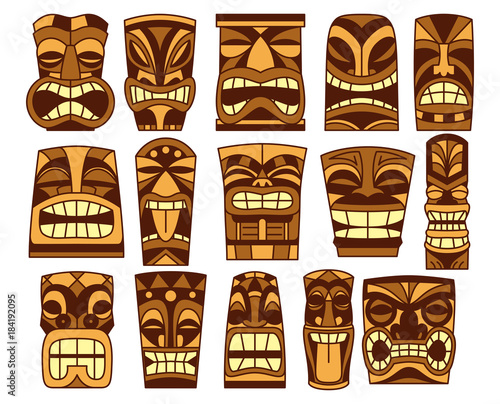 Set Of Different Tiki Idols Isolated On White Background
