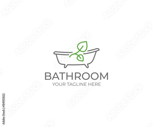 Bathroom and Leaf Logo Template. Bath Vector Design. Bathtub Illustration