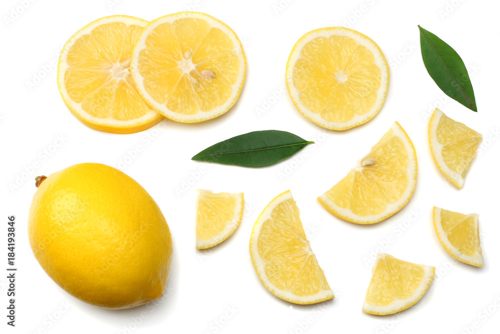 healthy food. sliced lemon with green leaf isolated on white background top view - obrazy, fototapety, plakaty 
