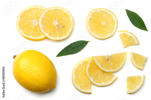 healthy food. sliced lemon with green leaf isolated on white background top view