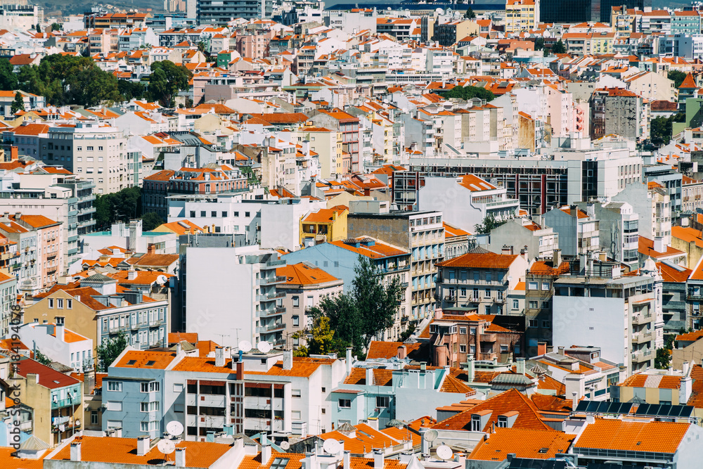 Aerial View Of Lisbon City Home Rooftops In Portugal