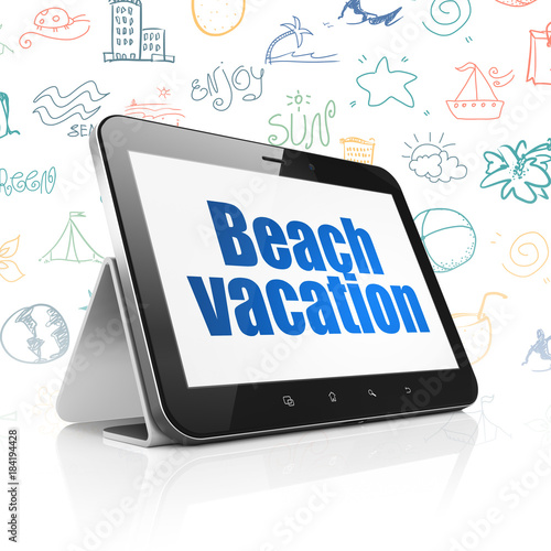 Vacation concept: Tablet Computer with  blue text Beach Vacation on display,  Hand Drawn Vacation Icons background, 3D rendering