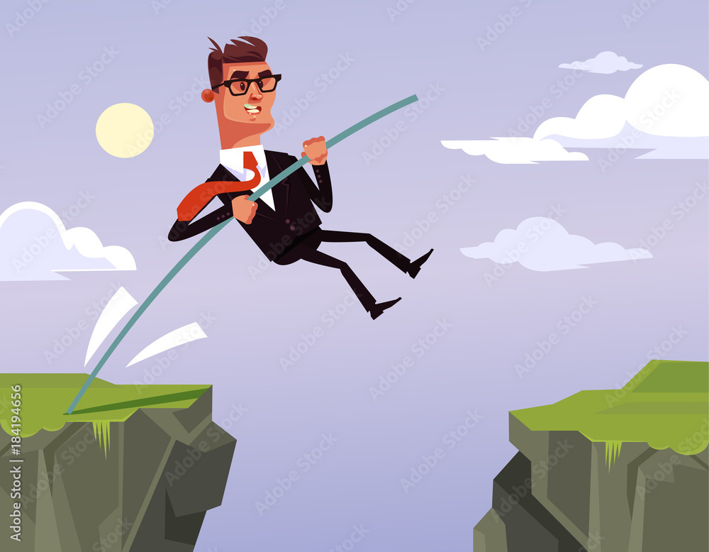 Brave businessman office worker character jumping. Vector cartoon illustration Brave businessman office worker character jumping. Vector cartoon illustration