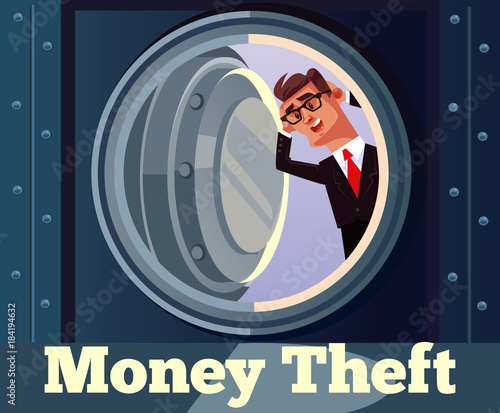 Scared businessman character look in empty safe. Money theft. Vector cartoon illustration