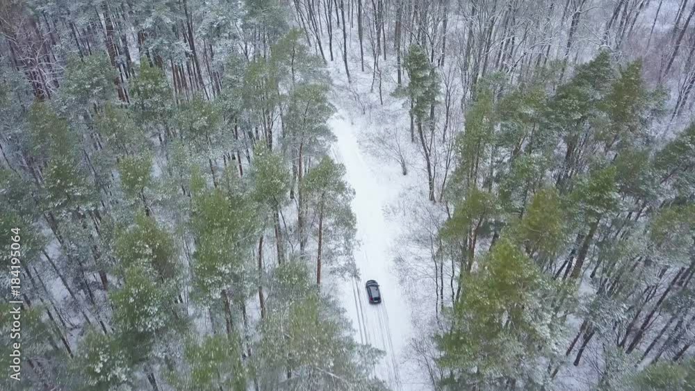 Aerial view on car driving through winter forest road. Scenic winter landscape Aerial view on car driving through winter forest road. Scenic winter landscape