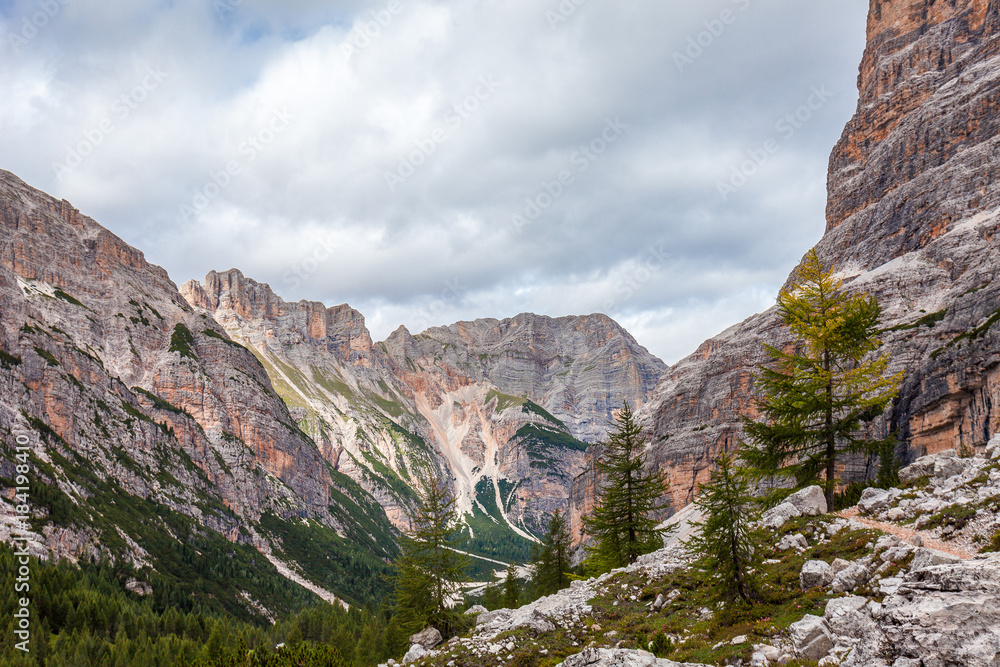 View of wild Travenanzes valley with Vallon Bianco Mount background, Dolomites, Italy View of wild Travenanzes valley with Vallon Bianco Mount background, Dolomites, Italy