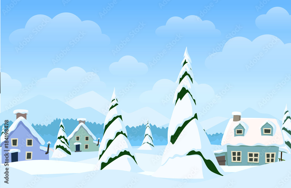 Vector horizontal landscape with winter village Vector horizontal landscape with winter village