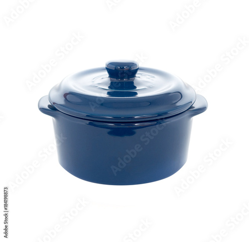 Enameled blue cast iron on a white background