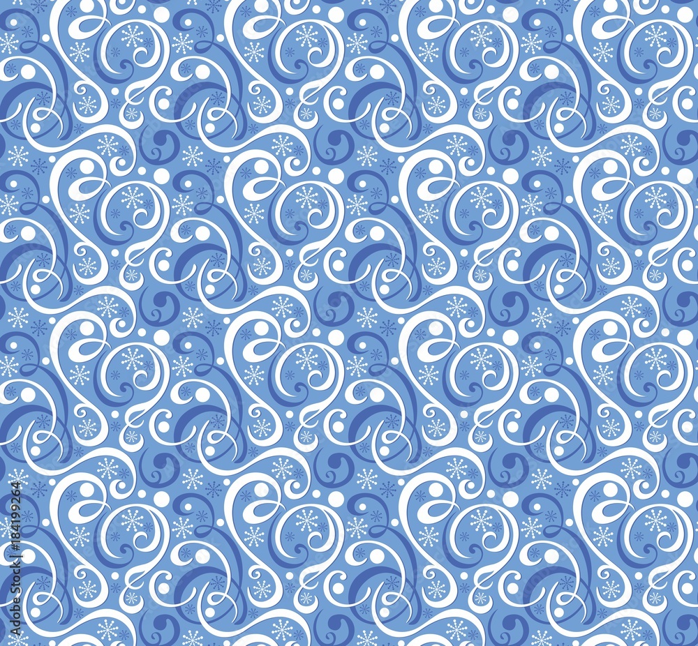 Abstract pattern with snowflakes and swirls on blue Abstract pattern with snowflakes and swirls on blue