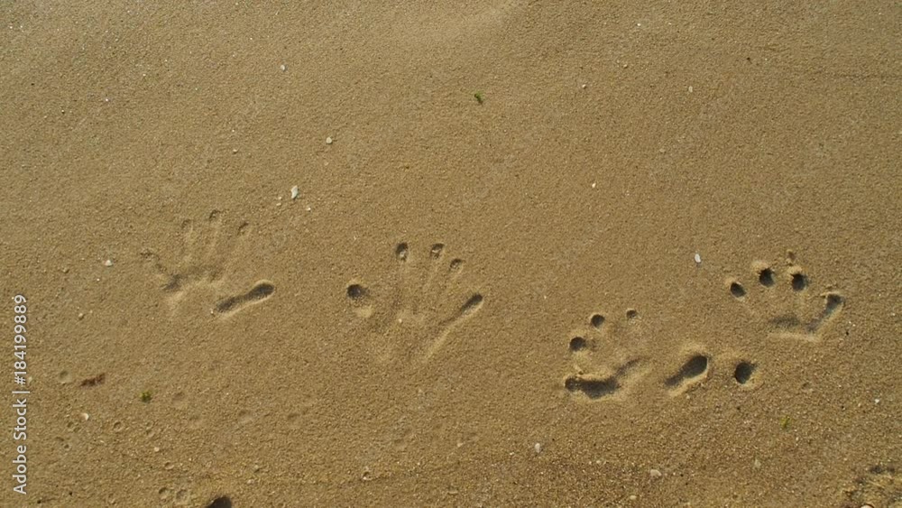 Handprints on the sea. A woman with a child put fingerprints on wet sand. Handprints on the sea. A woman with a child put fingerprints on wet sand.