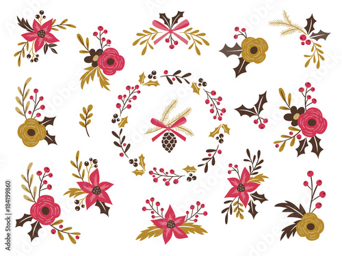 Cute floral bouquets for winter season. Isolated vector illustration. Easily editing for create your own flower arrangements. © insemar