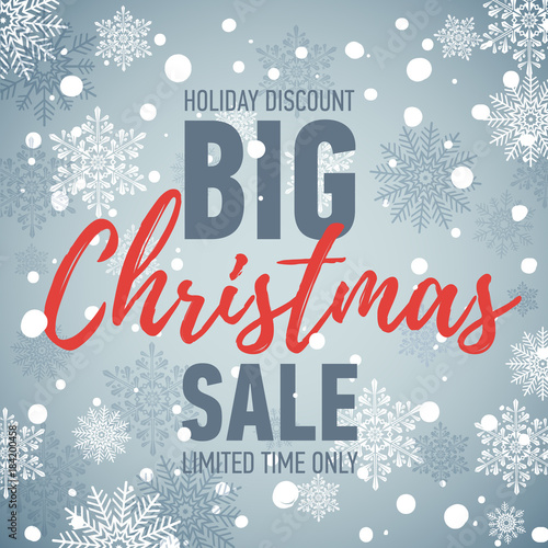 Christmas sale banner. Big sale 50. Holiday discount. Winter seasonal banner with winter background. Holiday poster