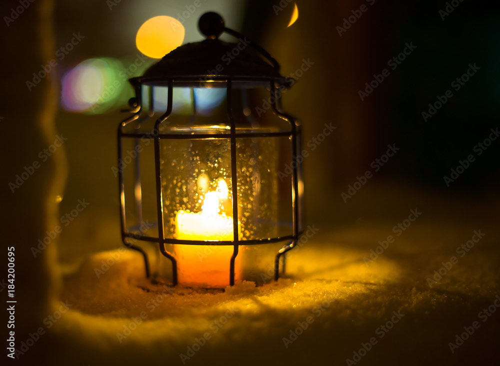 Art Christmas lantern with snowfall