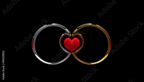 Tablou pe pânză 3d rendering of wedding rings shaped a heart in the middle on Black background closeup