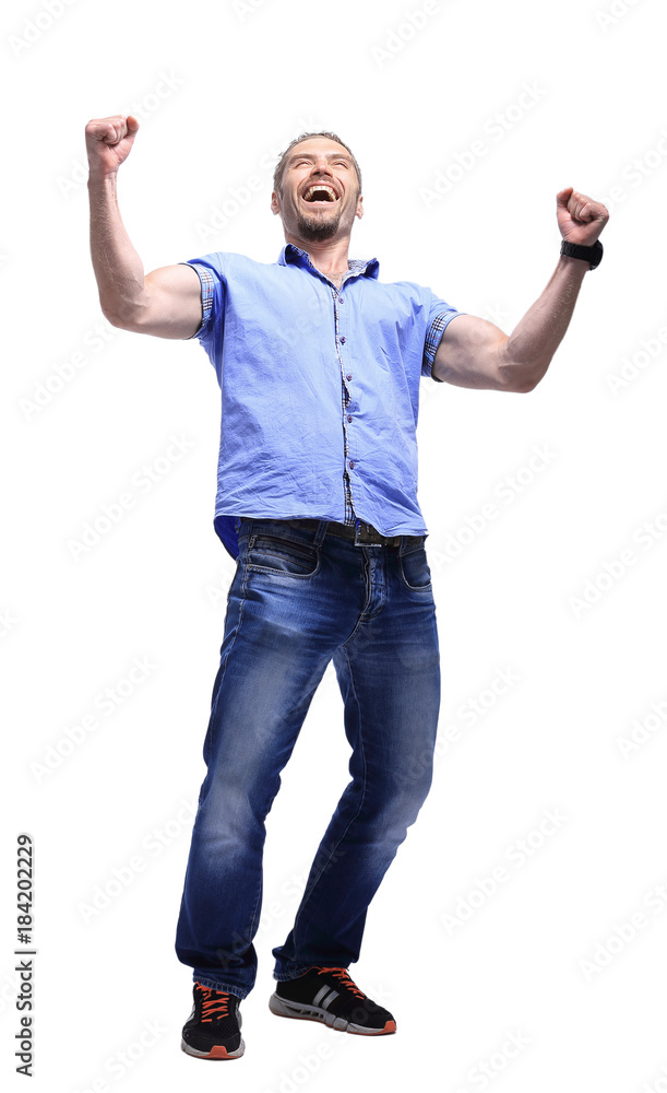 Full body portrait of relaxed mature man raising arms over white Full body portrait of relaxed mature man raising arms over white