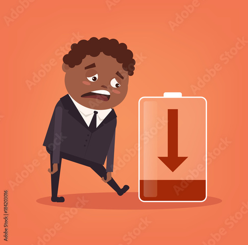 Tired sad African American office worker businessman character has no energy. Hard work. Vector flat cartoon illustration