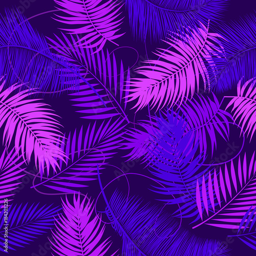Seamless pattern of ultraviolet tropical leaves of palm tree. Vector background.