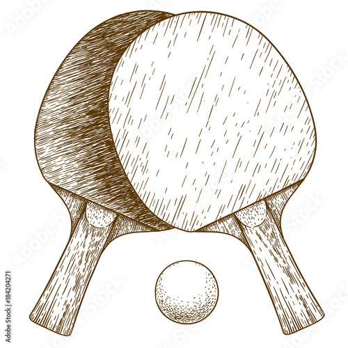engraving illustration of ping pong table tennis two rackets and ball