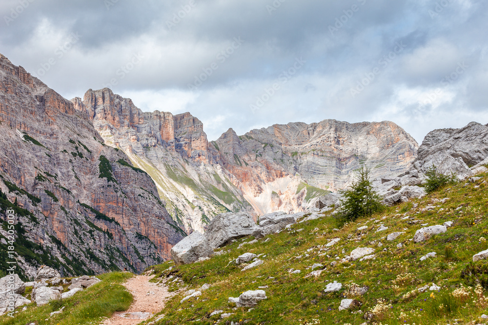 View of wild Travenanzes valley with Vallon Bianco Mount background, Dolomites, Italy