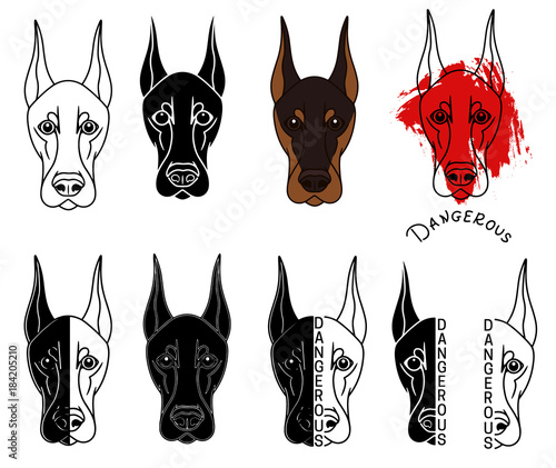Dog Doberman head dangerous set contour silhouette