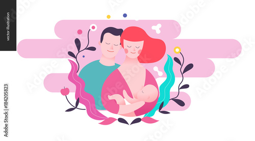 Reproduction - a breeding woman, baby and a man. on the pink background