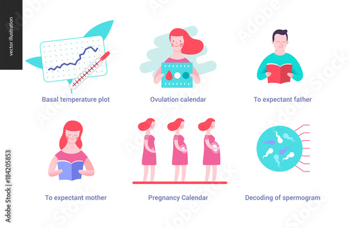 Reproduction - set of illustrated icons on pregnancy and fertility