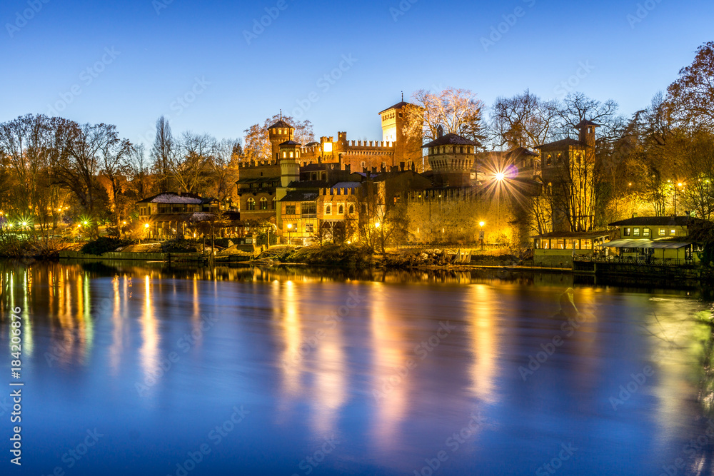 Fototapeta premium Castle at the park of valentino in turin. Panorama of Turin