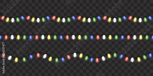 Image with Christmas lights isolated on transparent background. Vector illustration of glowing lights for Xmas holiday. Set of Christmas decorations. Set of color garlands. Realistic seamless elements