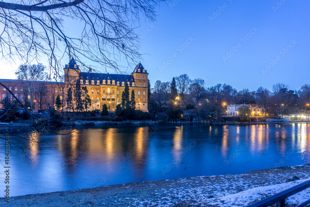 Naklejka premium Castle at the park of valentino in turin. Panorama of Turin