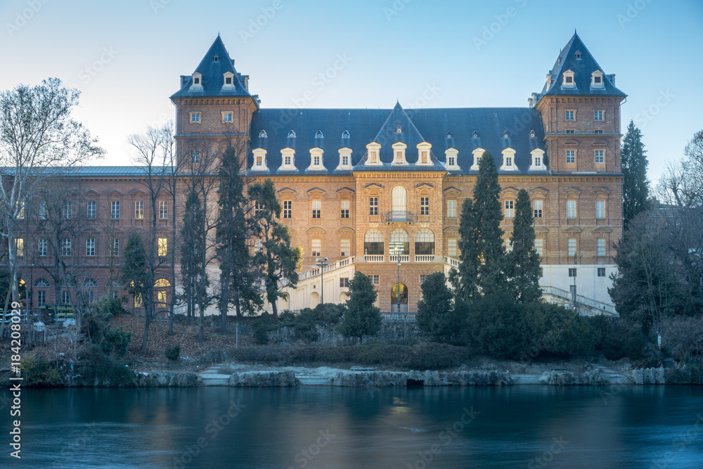 Fototapeta premium Castle at the park of valentino in turin. Panorama of Turin