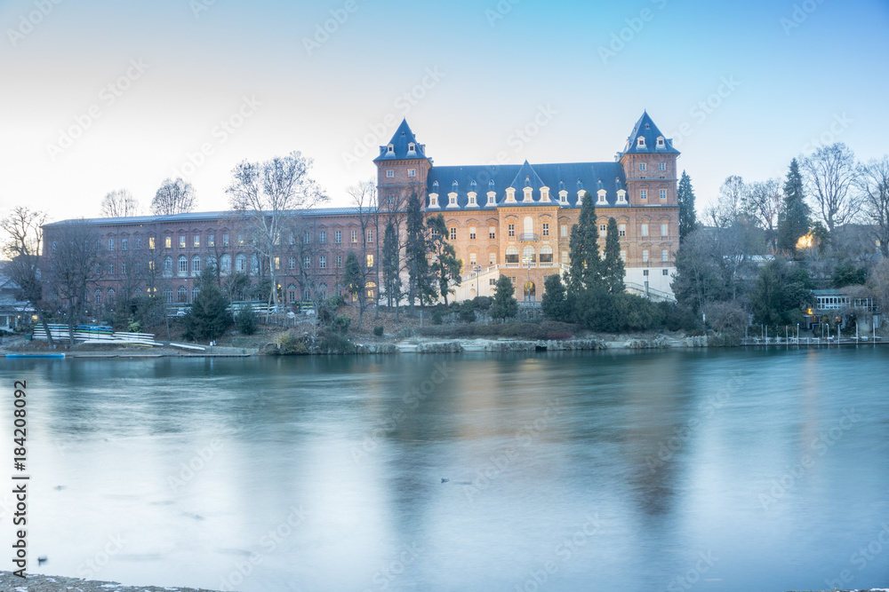 Fototapeta premium Castle at the park of valentino in turin. Panorama of Turin