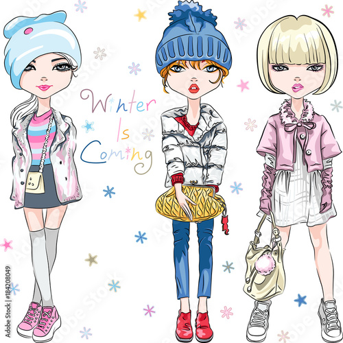 Vector SET of beautiful fashion hipster girl in winter clothes, sneakers, jacket and hat with bag