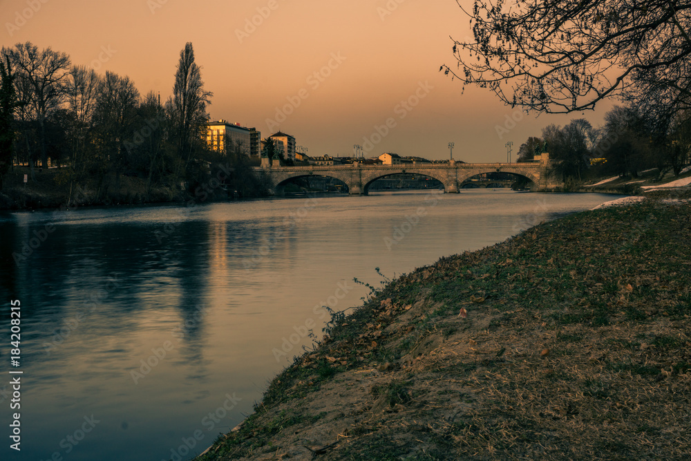 Obraz premium Bridge, panorama of turin at sunset