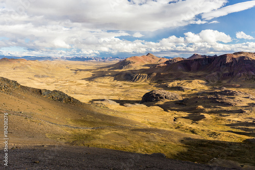 Cordillera Vilcanota scenic landscape mountains range ridge peaks view, Peru.