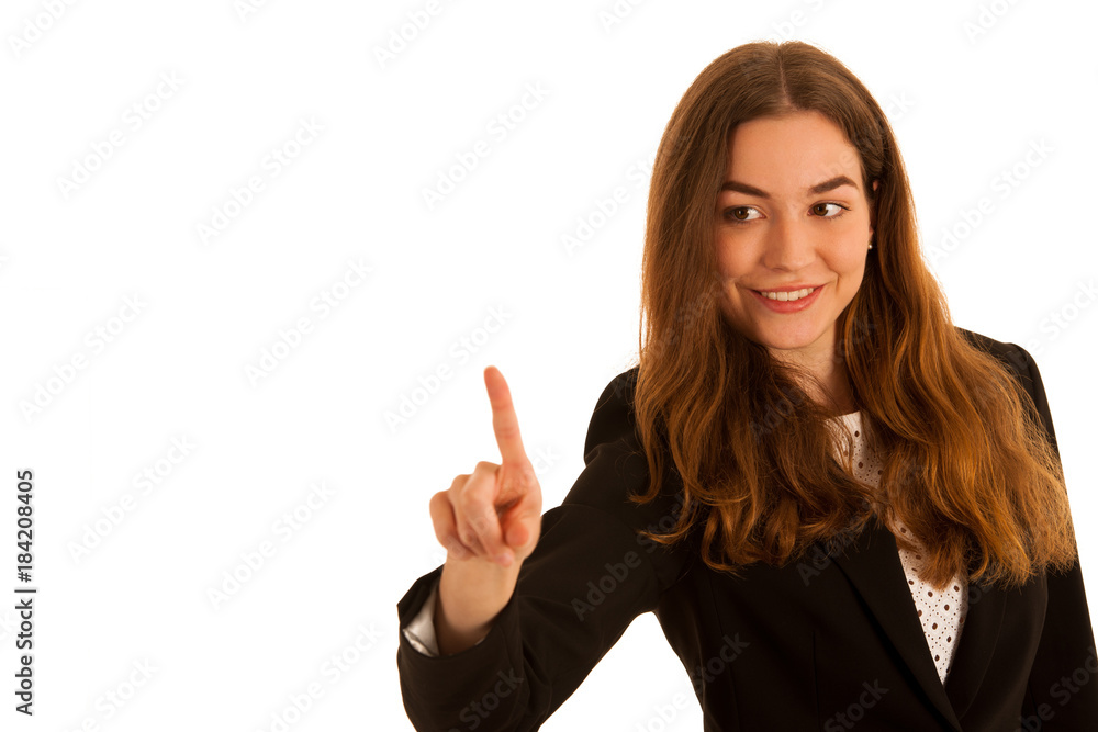 attractive busienss woman pressing a virtua button isolated over white background attractive busienss woman pressing a virtua button isolated over white background