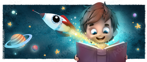 niño con cohete y libro