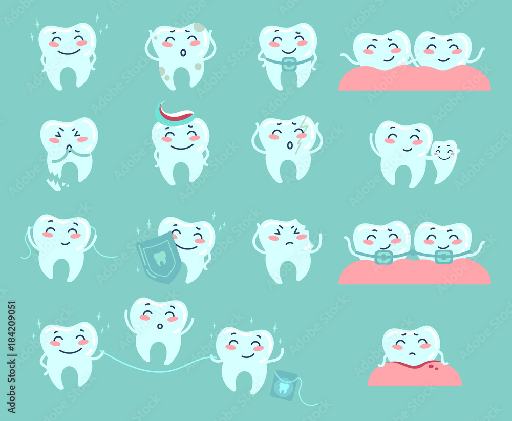 Fototapeta premium Cute cartoon teeth. Dentistry problems and treat
