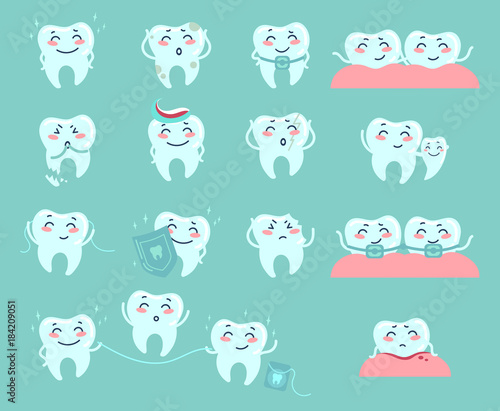 Cute cartoon teeth. Dentistry problems and treat