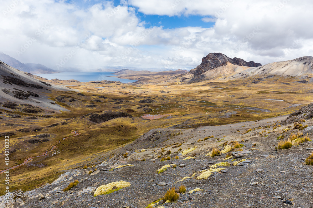 Cordillera Vilcanota scenic landscape mountains range ridge peaks view, Peru.