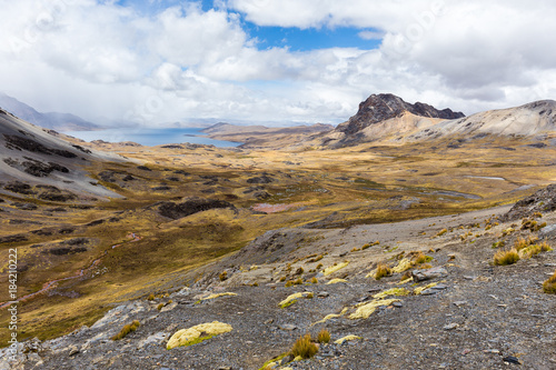 Cordillera Vilcanota scenic landscape mountains range ridge peaks view, Peru.