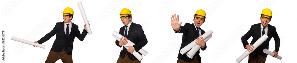 Funny architect with drawings on white