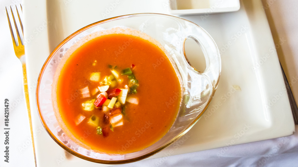 Spanish tomato gazpacho soup in the plate. Spanish tomato gazpacho soup in the plate.