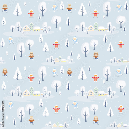 Seamless pattern with the image of children on winter walk. Vector background.