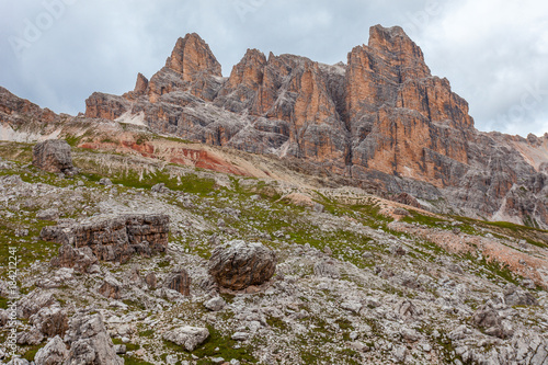 View of Fanis Peak and Lagazuoi Mount in the upper part of  Travenanzes Valley Dolomites, Italy photo