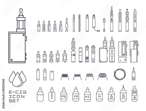 vecor set of vape related simple line Icons. RDA, Atomizer, drip tip, mod, e-liquid, coil