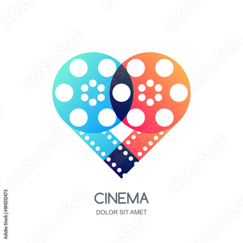 Cinema festival vector logo, icon, emblem design template. Overlapping film reel and filmstrip in heart shape. Video like symbol. Home movie time, media and watching tv concept.