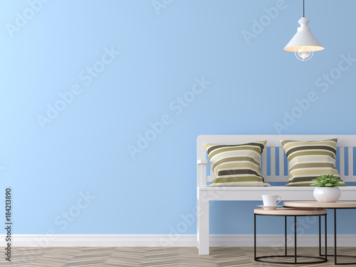 Modern vintage living room with blue wall 3d rendering image,There are blue paint wall and wood floor ,Funished with white wood bench and vintage pillows