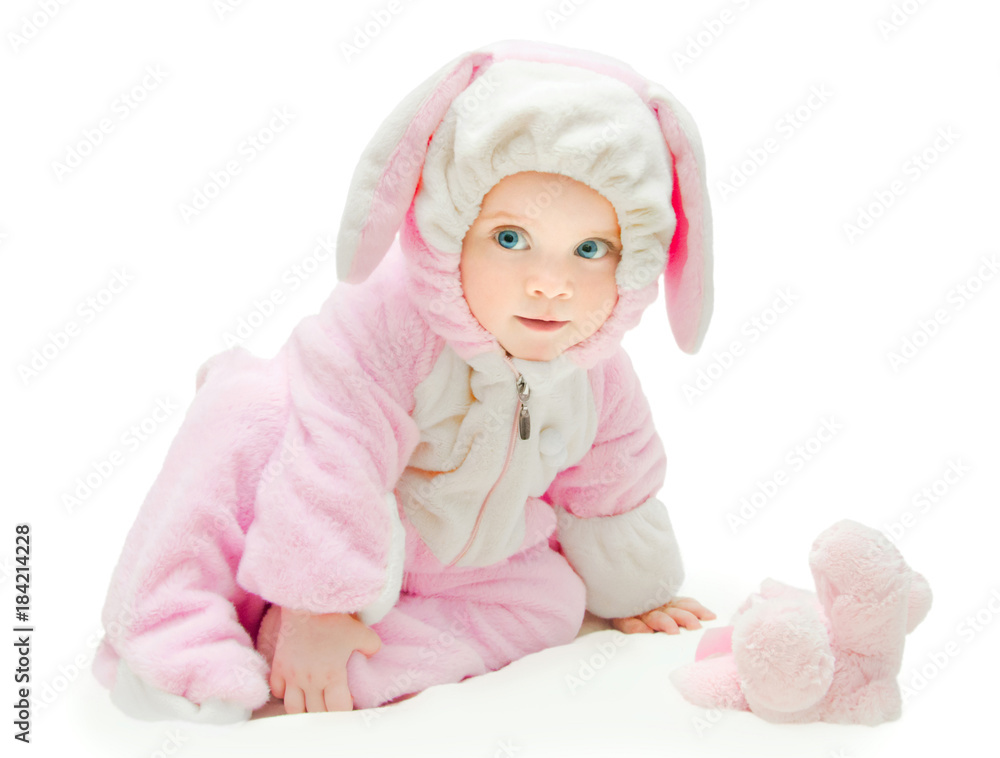 little girl in suit of pink rabbit on white background little girl in suit of pink rabbit on white background