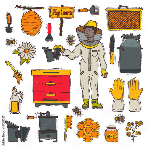 Honey sweet vector apiary farm beekeeping icons set honeymaker bee insect beeswax illustration isolated on white background
