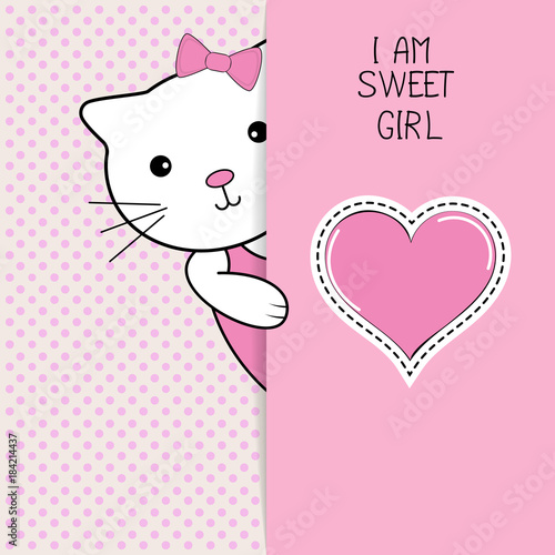 Cute cartoon cat peeking. Hand drawn Valentines Day Greeting card